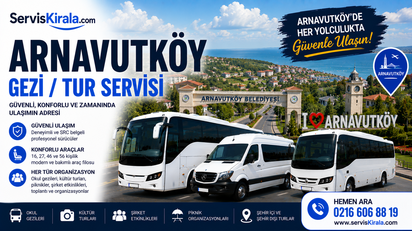 Arnavutköy İstanbul’da gezi ve tur organizasyonları için yolcularını alan beyaz servis minibüsü