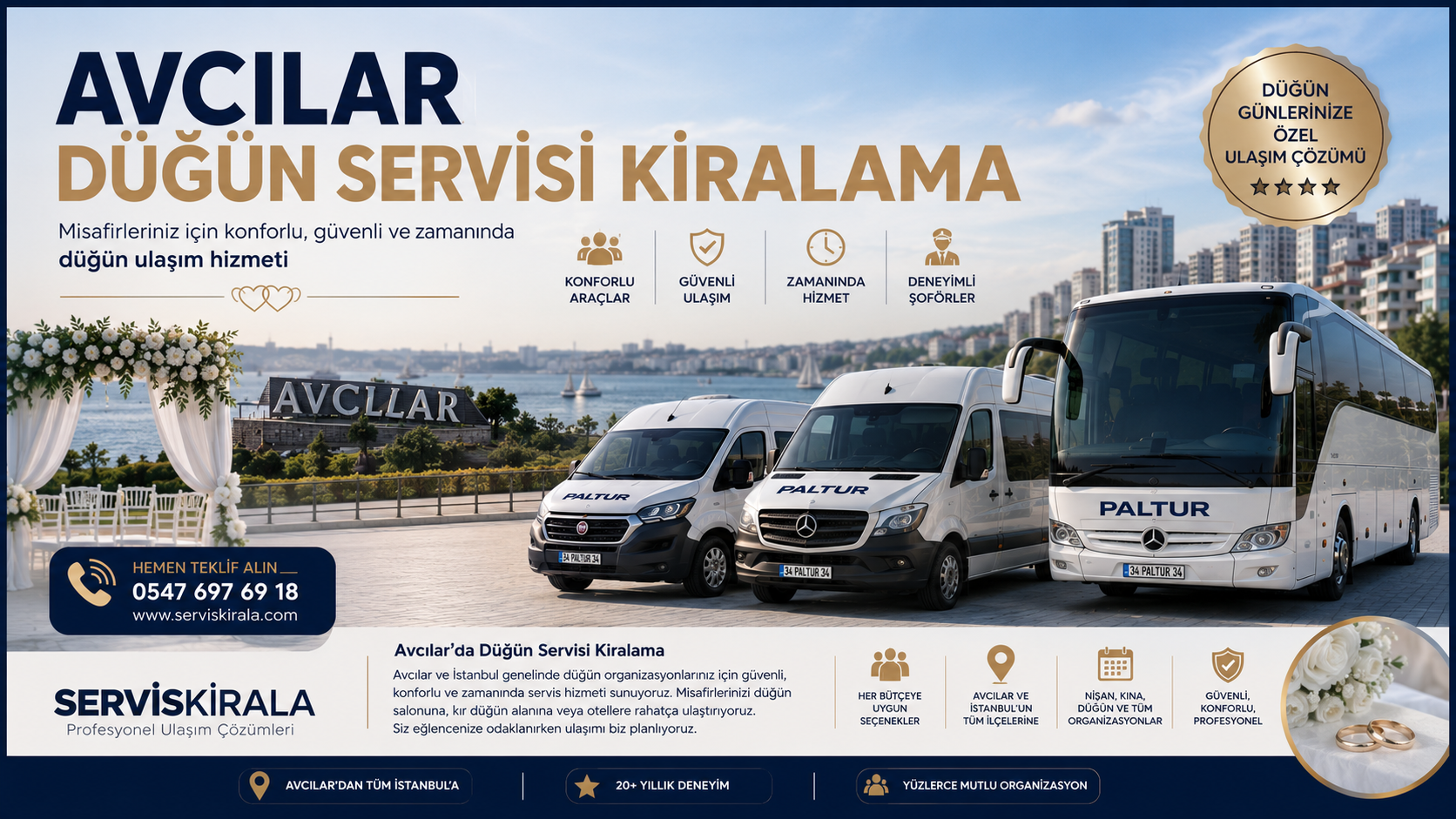 Avcılar düğün servisi kiralama hizmeti ile İstanbul genelinde minibüs, midibüs ve otobüs seçenekleriyle güvenli ve konforlu düğün ulaşımı sağlanmaktadır.