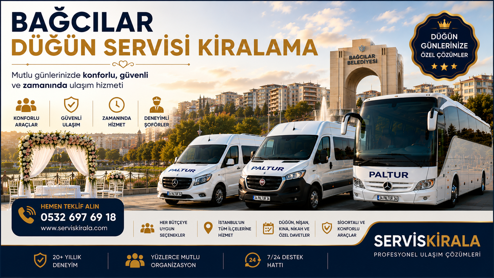 Bağcılar düğün servisi kiralama hizmeti ile İstanbul genelinde minibüs, midibüs ve otobüs seçenekleriyle güvenli, konforlu ve zamanında düğün ulaşımı sağlanmaktadır.