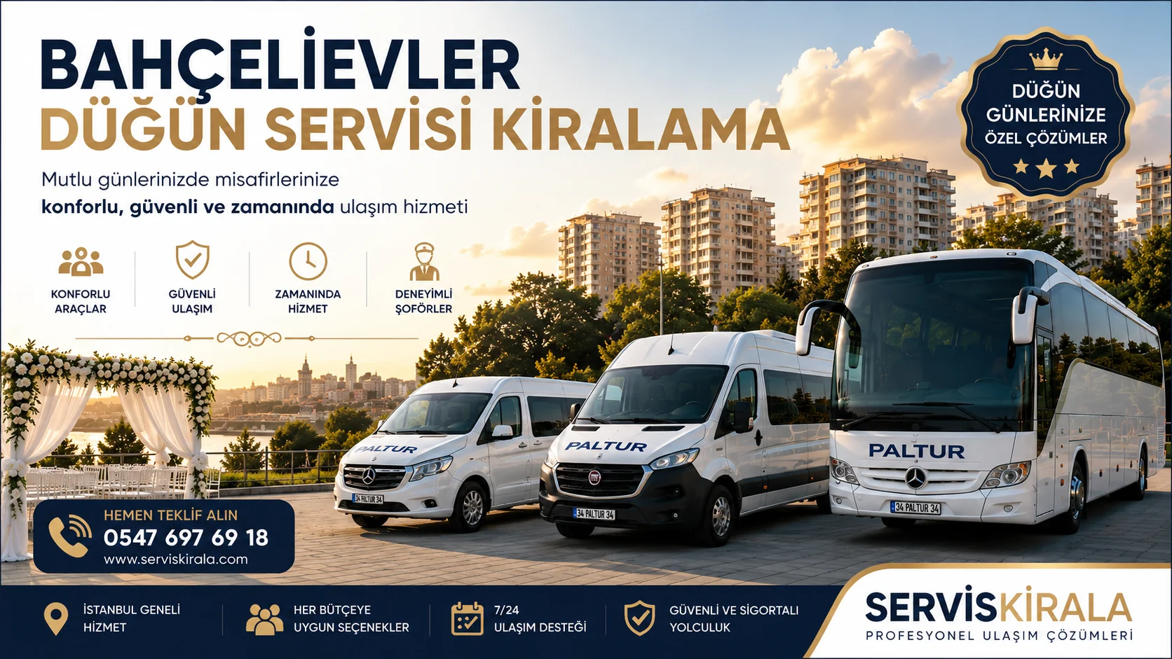 Bahçelievler düğün servisi kiralama hizmetiyle minibüs, midibüs ve otobüs seçenekleriyle misafirlerinize güvenli ve konforlu ulaşım sağlayın.