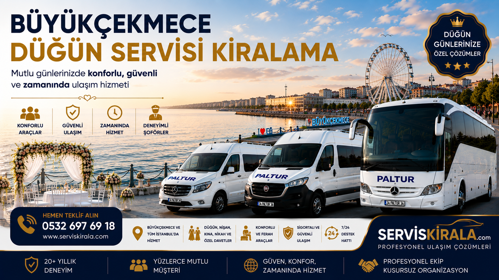 Büyükçekmece düğün servisi kiralama hizmeti ile İstanbul genelinde minibüs, midibüs ve otobüs seçenekleriyle güvenli, konforlu ve zamanında düğün ulaşımı sağlanmaktadır.