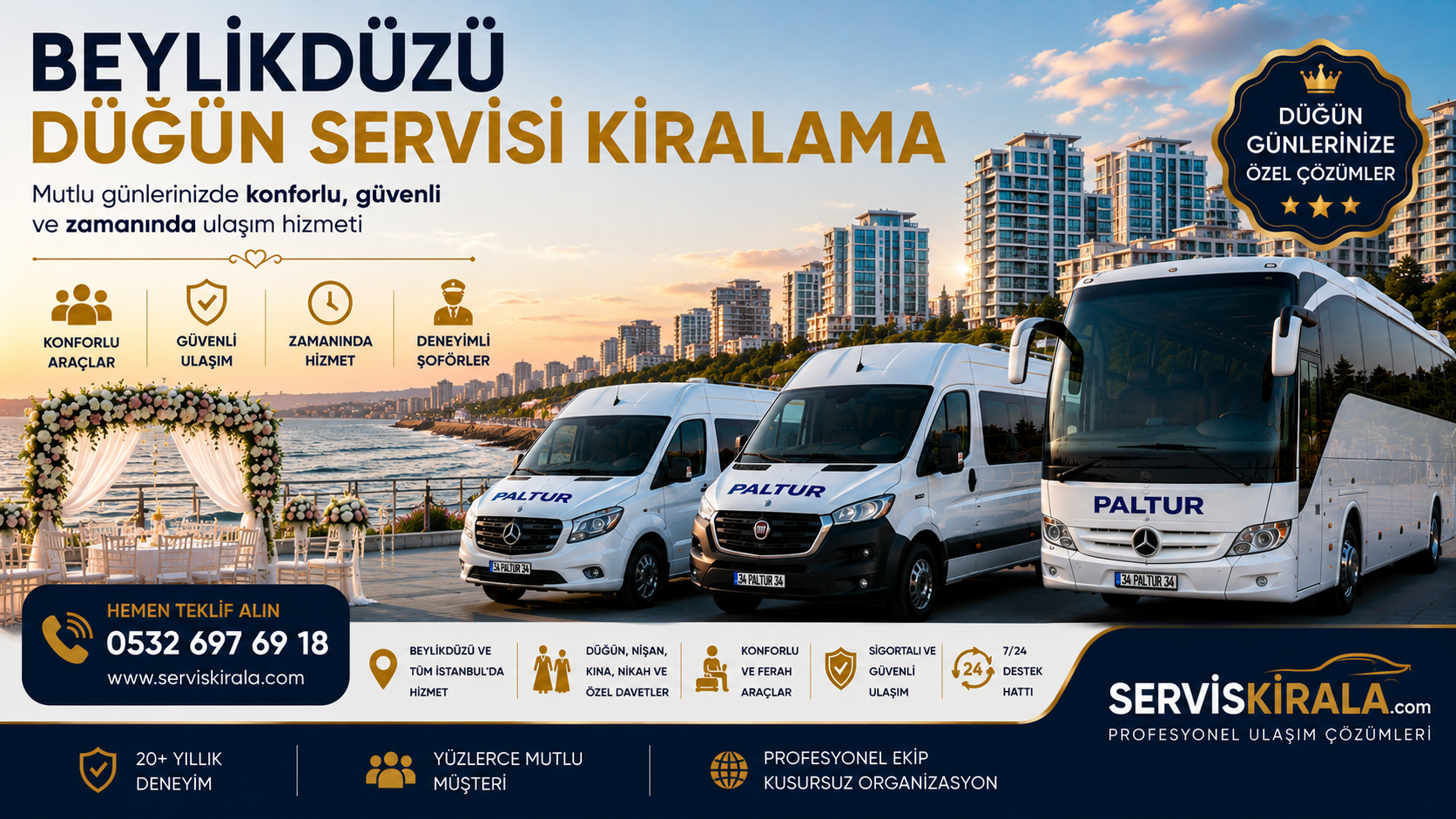 Beylikdüzü düğün servisi kiralama hizmeti ile İstanbul genelinde minibüs, midibüs ve otobüs seçenekleriyle güvenli, konforlu ve zamanında düğün ulaşımı sağlanmaktadır.