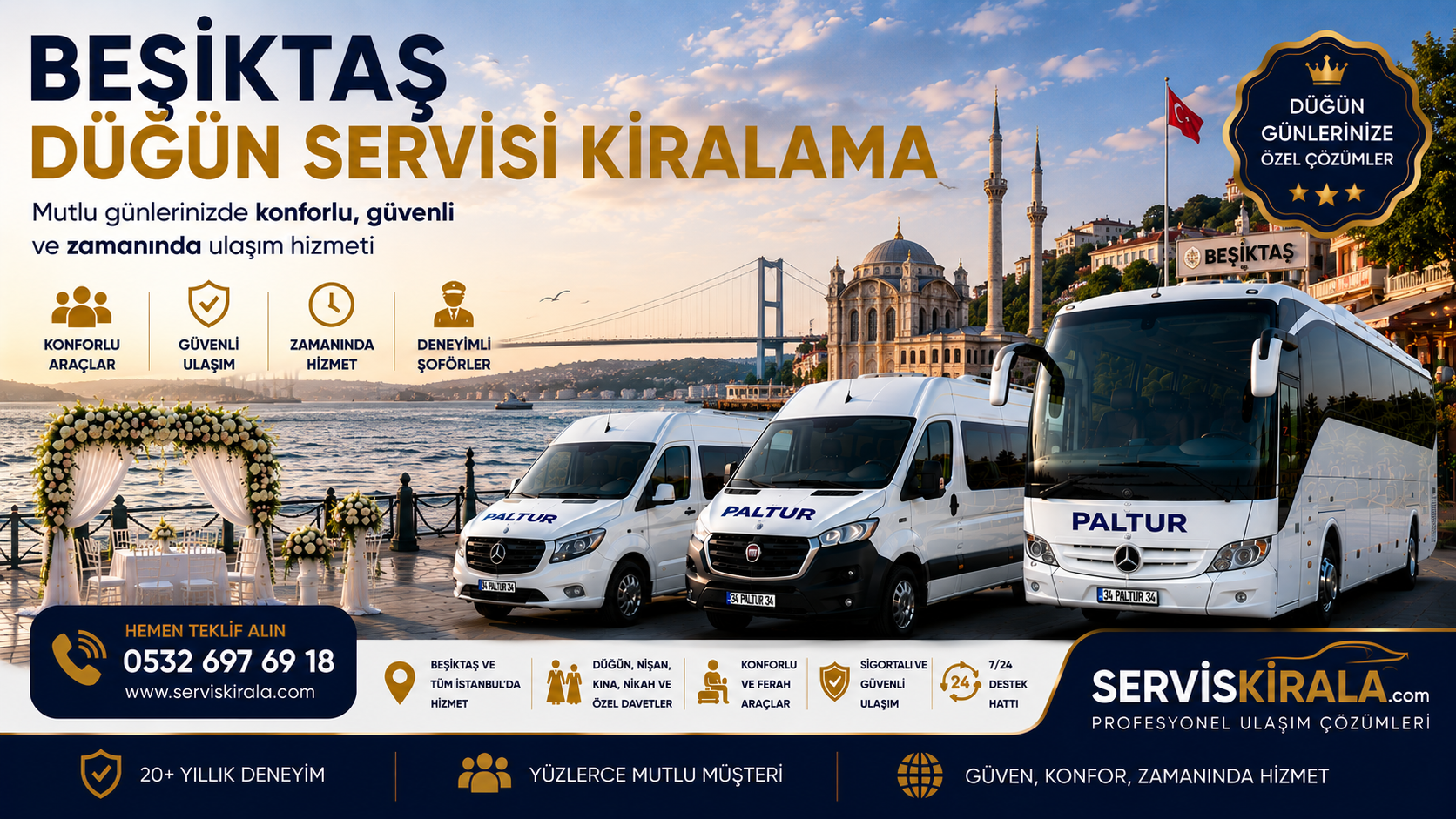 Beşiktaş düğün servisi kiralama hizmeti ile İstanbul genelinde minibüs, midibüs ve otobüs seçenekleriyle güvenli, konforlu ve zamanında düğün ulaşımı sağlanmaktadır.