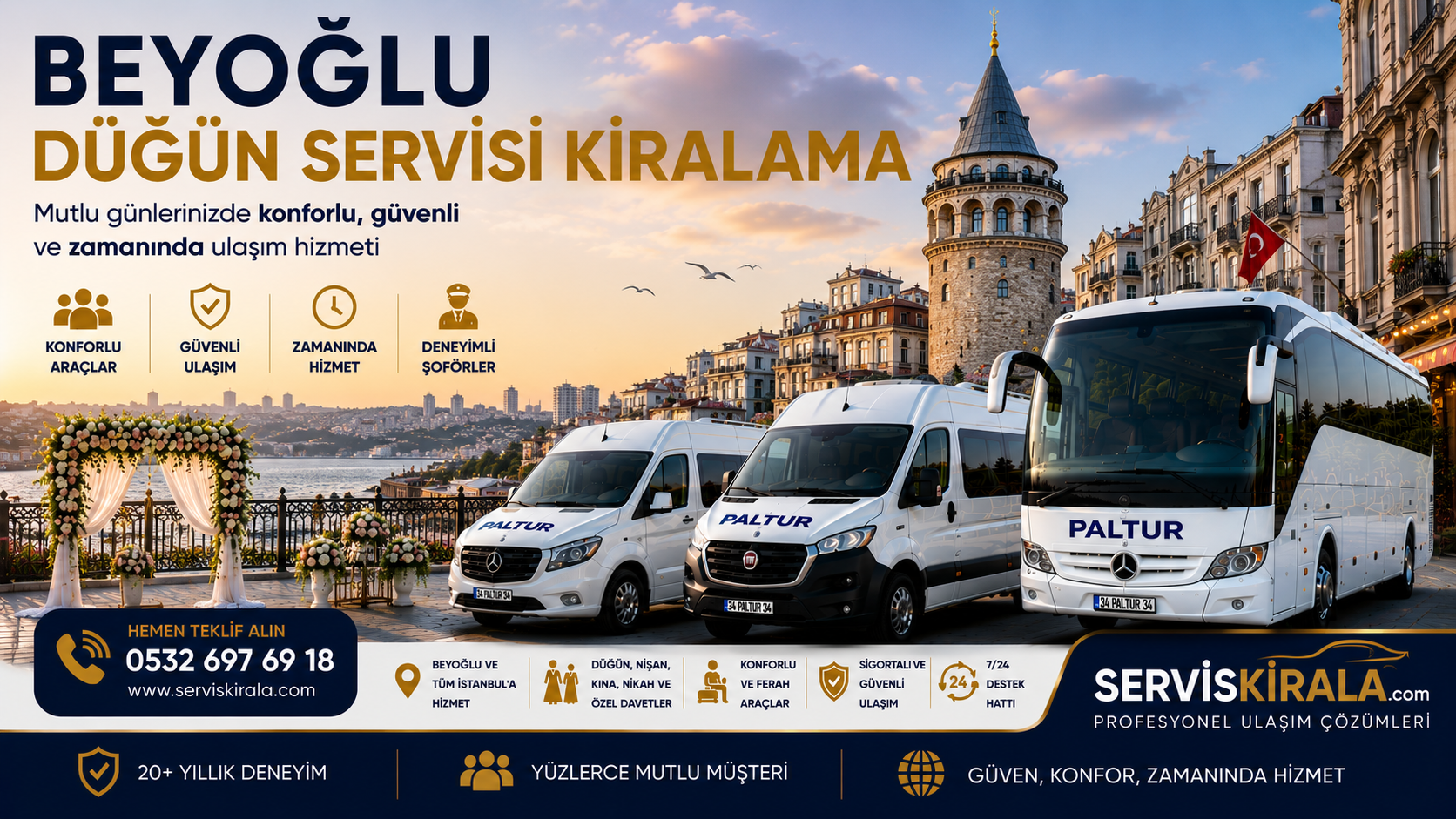 Beyoğlu düğün servisi kiralama hizmetiyle minibüs, midibüs ve otobüs seçenekleriyle misafirlerinize güvenli ve konforlu ulaşım sağlayın.