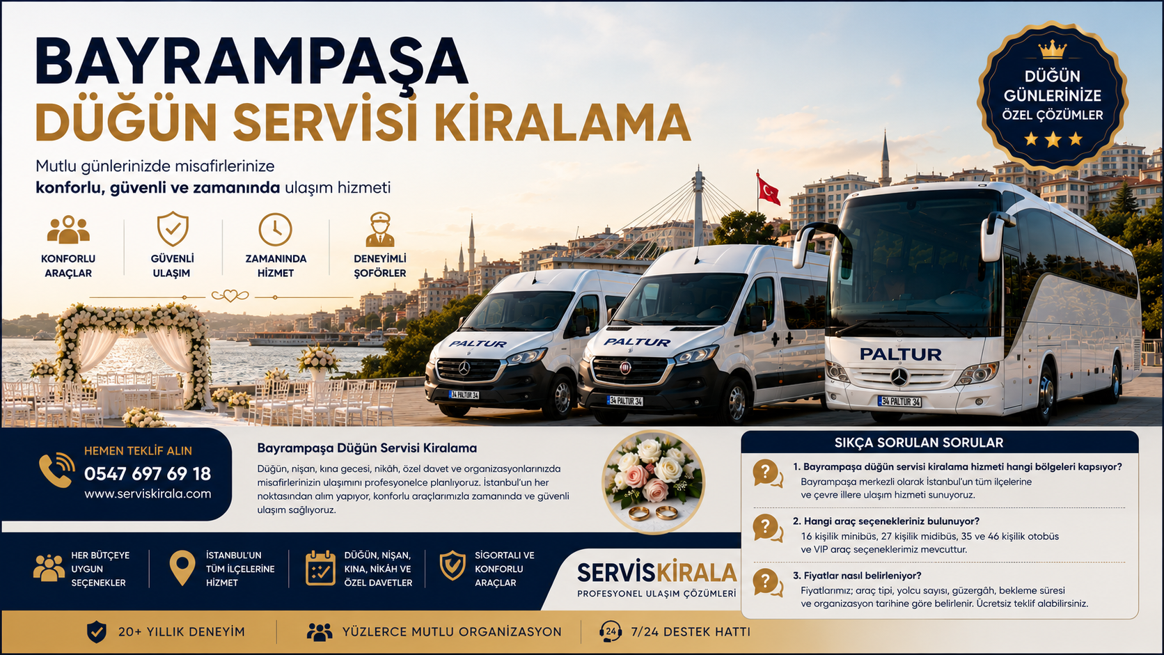 Bayrampaşa düğün servisi kiralama hizmeti ile İstanbul genelinde minibüs, midibüs ve otobüs seçenekleriyle güvenli, konforlu ve zamanında düğün ulaşımı sağlanmaktadır.