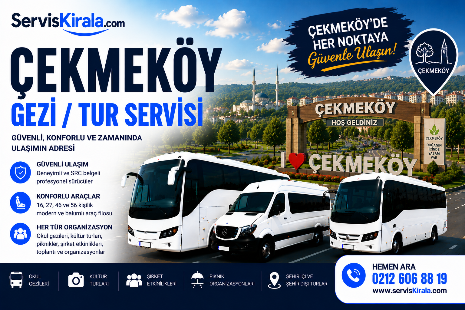 Çekmeköy gezi tur servisi kiralama hizmeti için modern otobüs ve VIP minibüs ile güvenli grup taşımacılığı