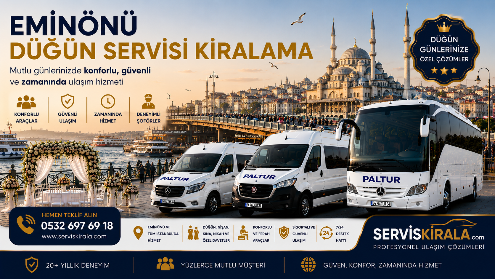 Eminönü düğün servisi kiralama hizmeti ile İstanbul genelinde minibüs, midibüs ve otobüs seçenekleriyle güvenli, konforlu ve zamanında düğün ulaşımı sağlanmaktadır.