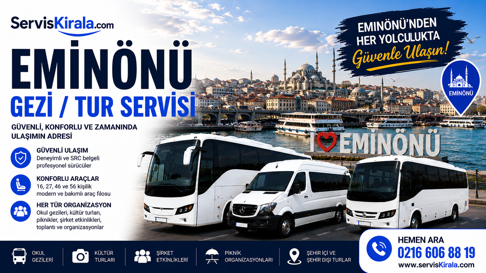 Eminönü gezi tur servisi kiralama hizmeti için modern otobüs ve minibüs ile güvenli grup taşımacılığı