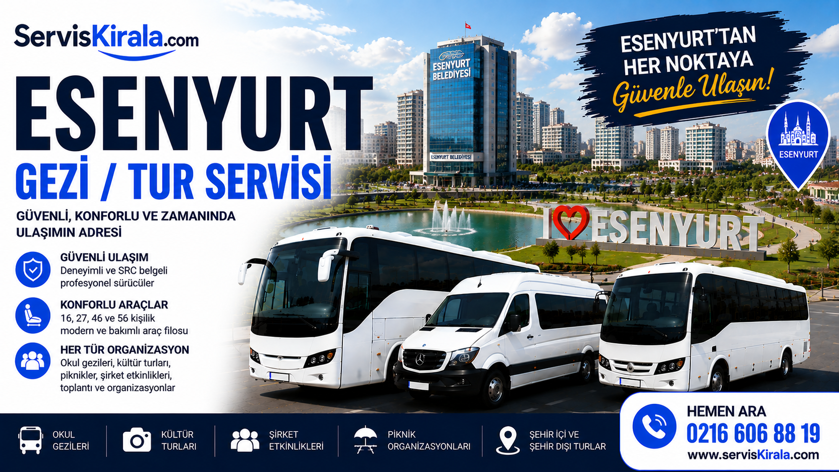 Esenyurt gezi tur servisi kiralama hizmeti için modern otobüs ve minibüs ile güvenli grup taşımacılığı