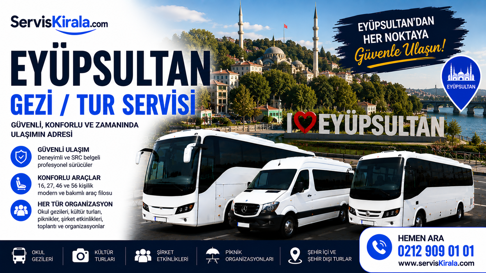 Eyüpsultan gezi tur servisi kiralama hizmeti için modern otobüs ve minibüs ile güvenli grup taşımacılığı