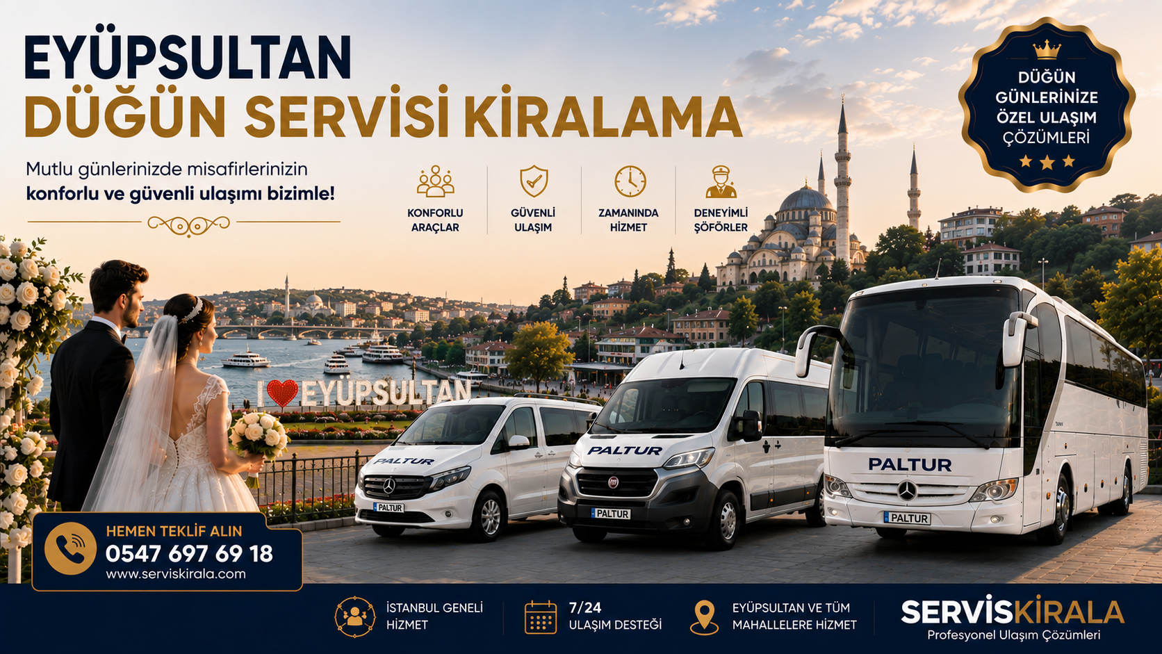 Eyüpsultan düğün servisi kiralama hizmetiyle minibüs, midibüs ve otobüs seçenekleriyle misafirlerinize güvenli ve konforlu ulaşım sağlayın.