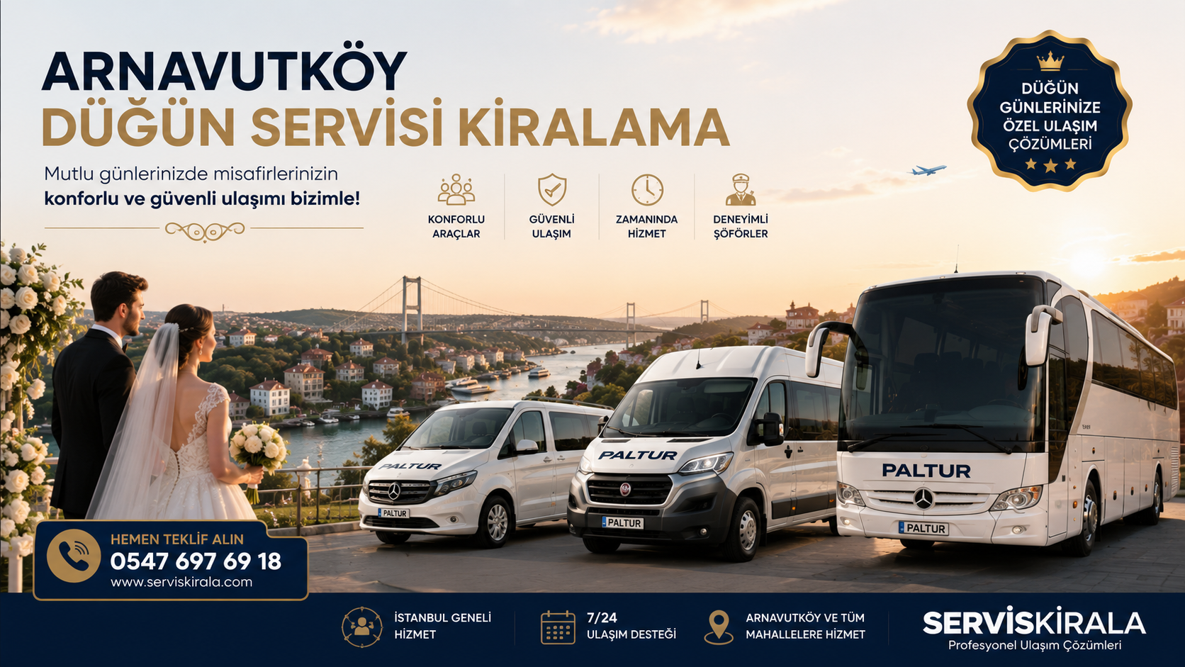 Arnavutköy düğün servisi kiralama hizmeti ile İstanbul genelinde minibüs, midibüs ve otobüs seçenekleriyle güvenli ve konforlu düğün ulaşımı.