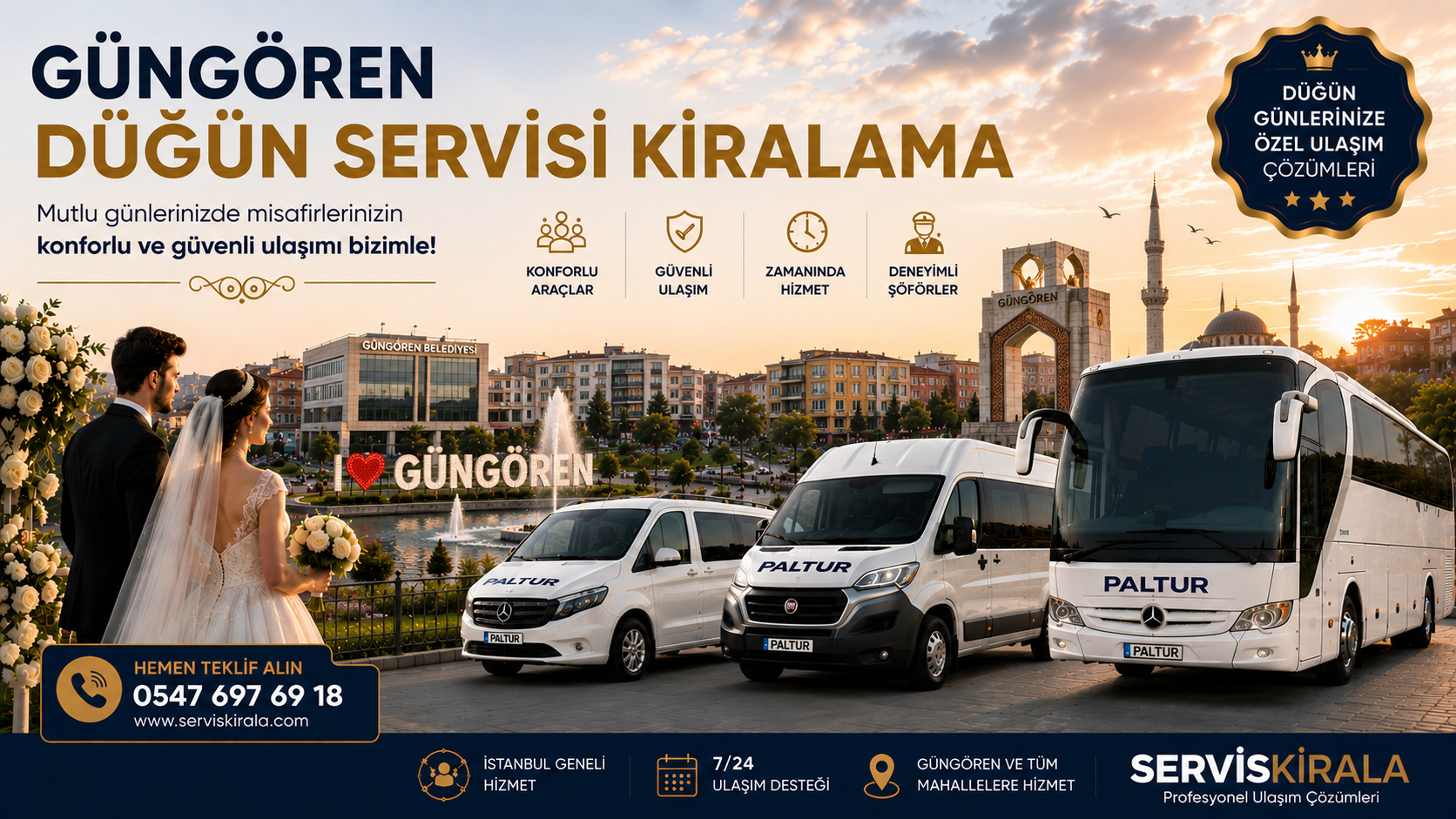 Güngören düğün servisi kiralama hizmetiyle minibüs, midibüs ve otobüs seçenekleriyle misafirlerinize güvenli ve konforlu ulaşım sağlayın.