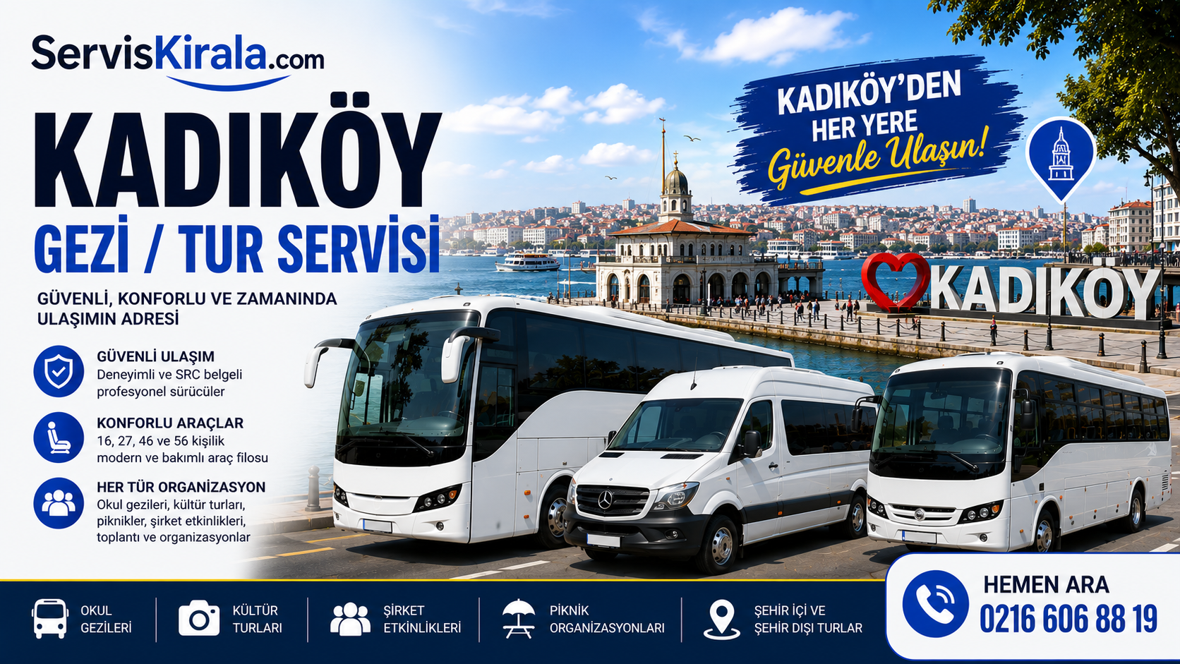 Kadıköy gezi tur servisi kiralama hizmeti için modern otobüs ve minibüs ile güvenli grup taşımacılığı