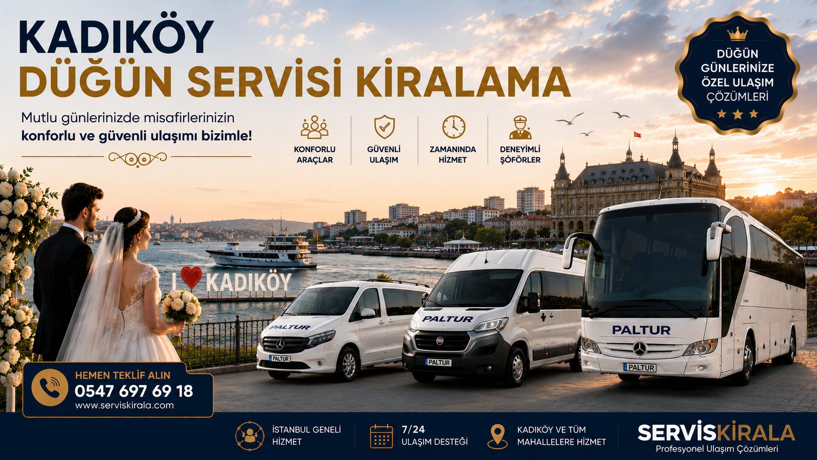 Kadıköy düğün servisi kiralama hizmetiyle minibüs, midibüs ve otobüs seçenekleriyle misafirlerinize güvenli ve konforlu ulaşım sağlayın.