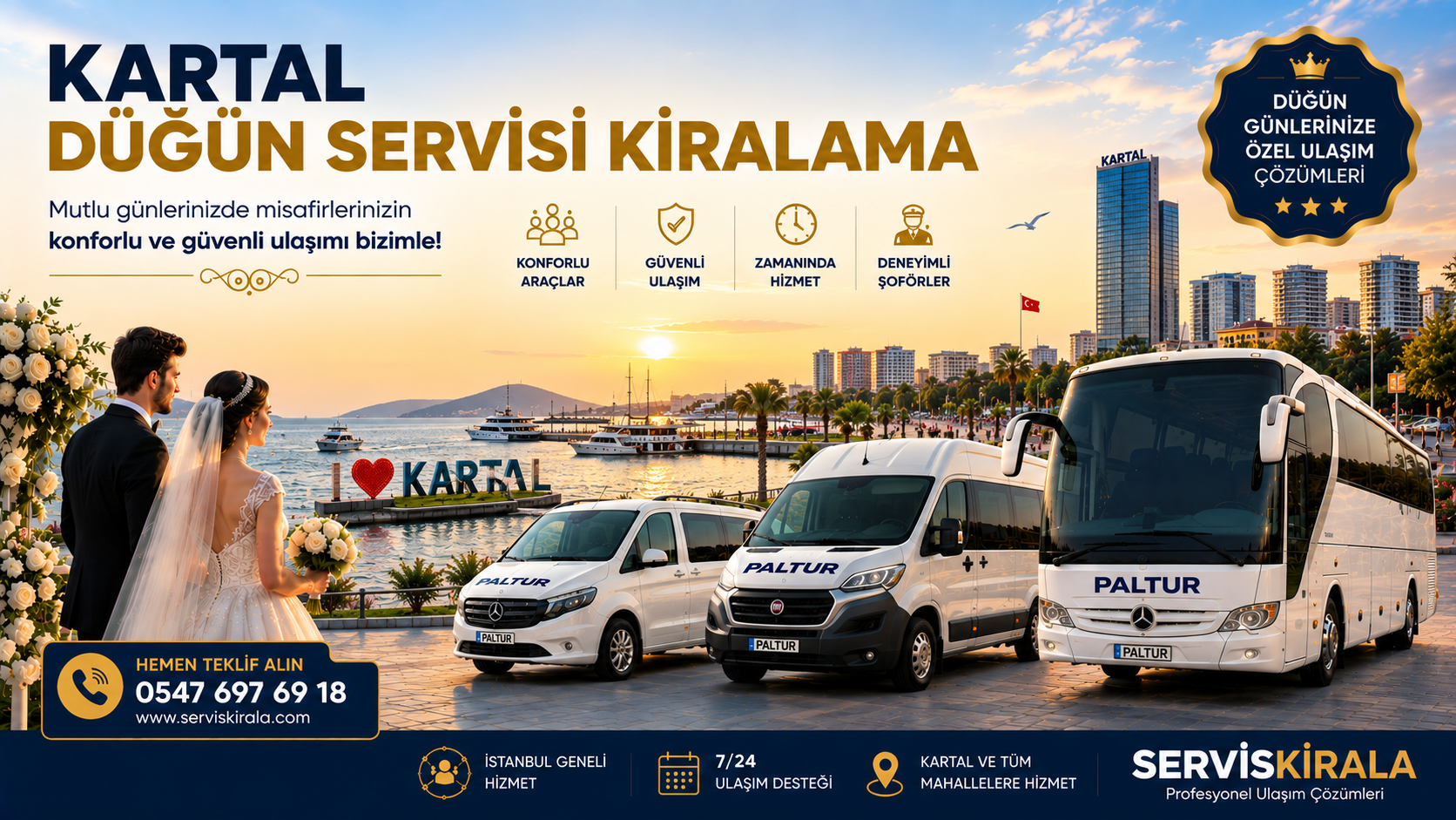 Kartal düğün servisi kiralama hizmetiyle minibüs, midibüs ve otobüs seçenekleriyle misafirlerinize güvenli ve konforlu ulaşım sağlayın.