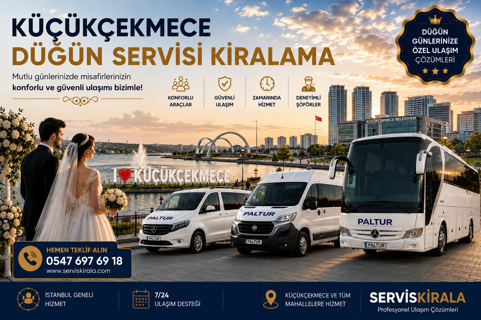 Küçükçekmece düğün servisi kiralama hizmetiyle minibüs, midibüs ve otobüs seçenekleriyle misafirlerinize güvenli ve konforlu ulaşım sağlayın.