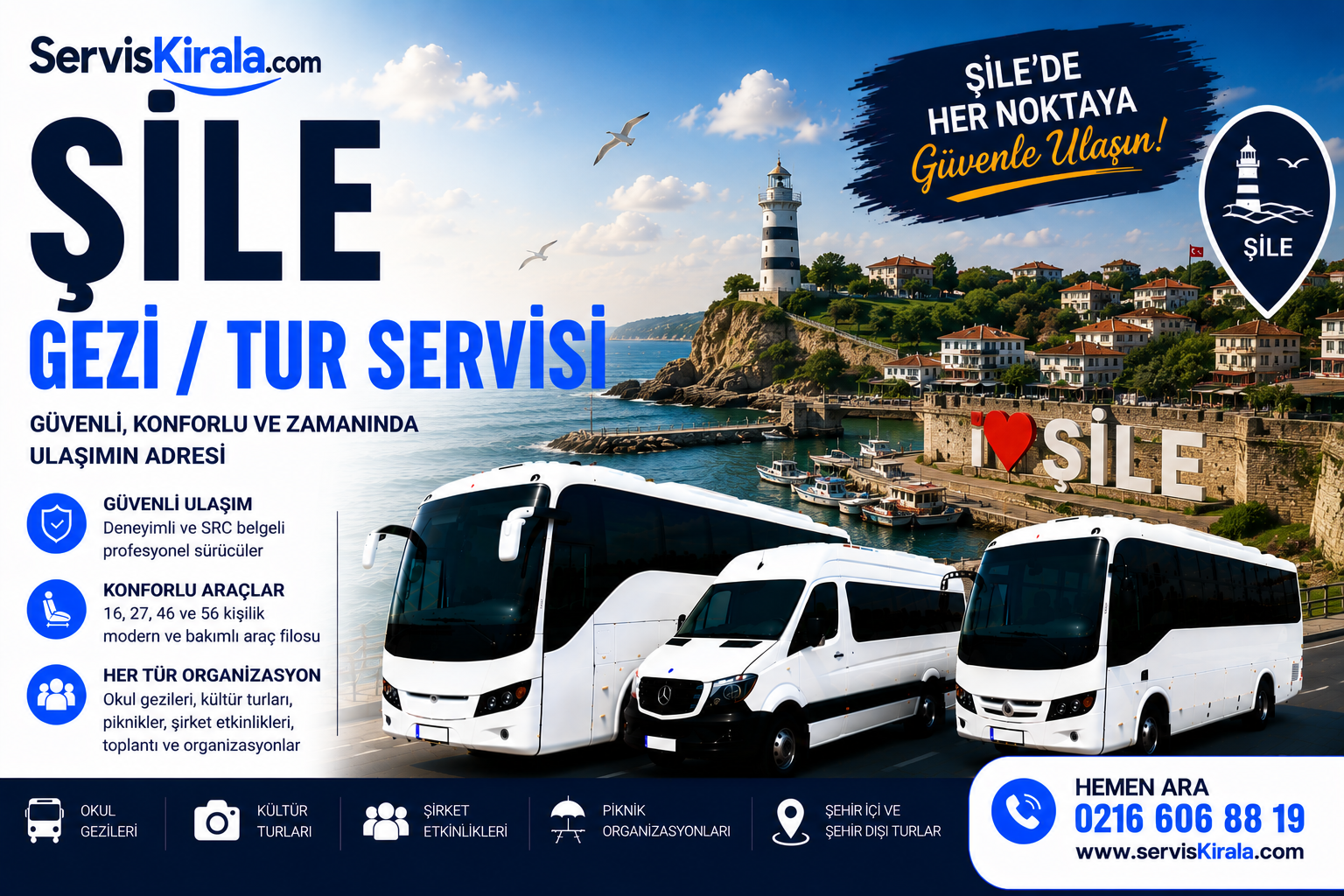 Şile gezi tur servisi kiralama hizmeti için modern otobüs ve VIP minibüs ile güvenli grup taşımacılığı