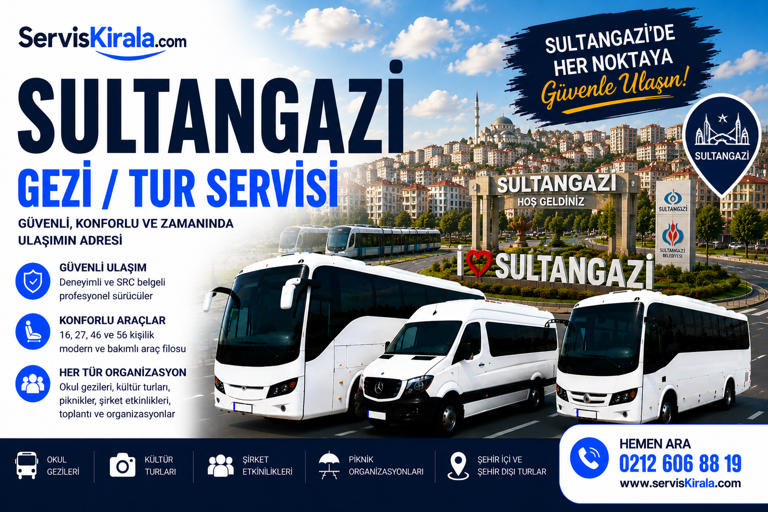Sultangazi gezi tur servisi kiralama hizmeti için modern otobüs ve minibüs ile güvenli grup taşımacılığı