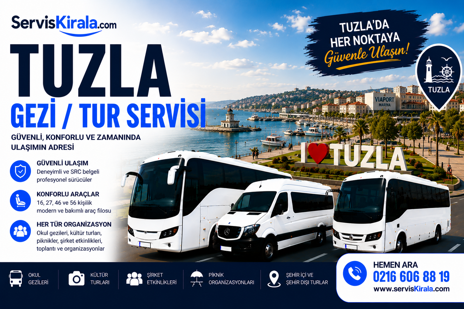 Tuzla gezi tur servisi kiralama hizmeti için modern otobüs ve minibüs ile güvenli grup taşımacılığı