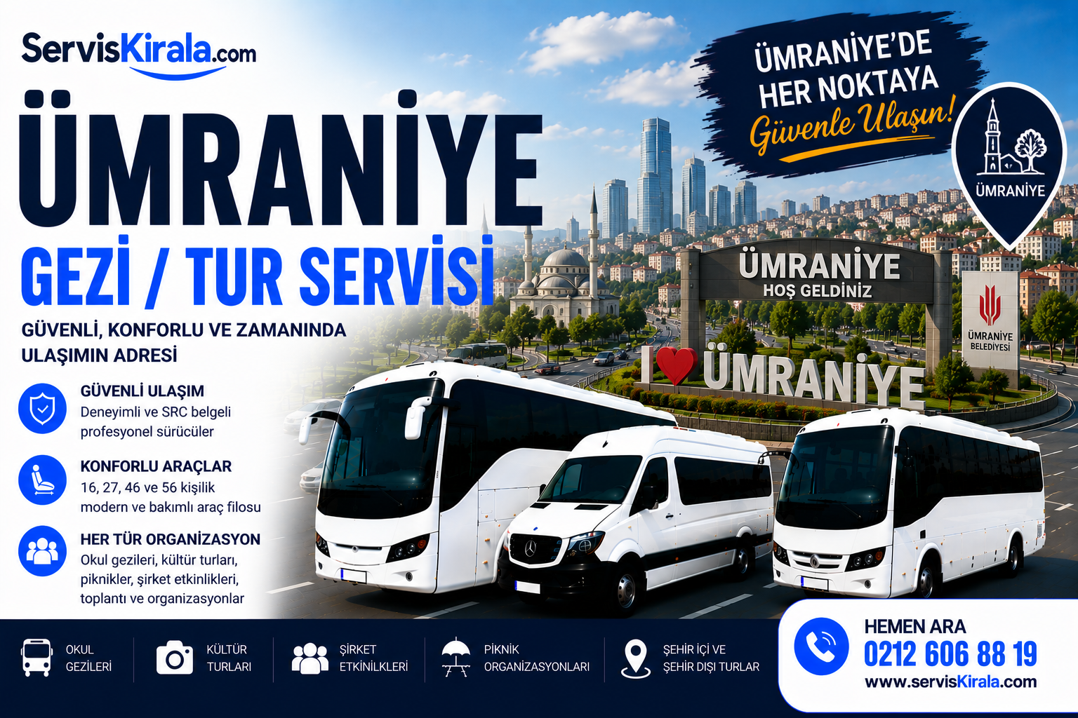 Ümraniye gezi tur servisi kiralama hizmeti için modern otobüs ve VIP minibüs ile güvenli grup taşımacılığı