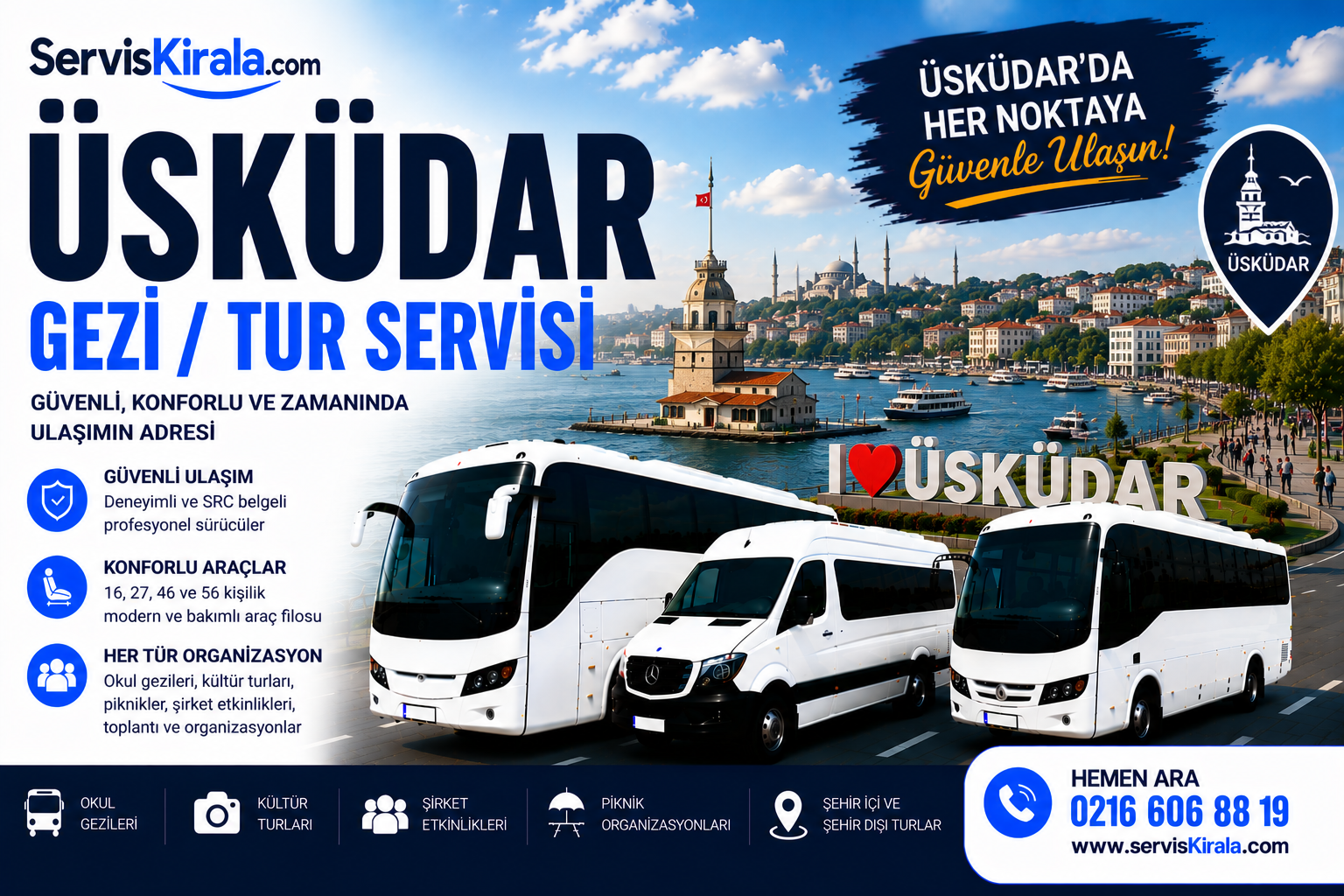 Üsküdar gezi tur servisi kiralama hizmeti için modern otobüs ve VIP minibüs ile güvenli grup taşımacılığı