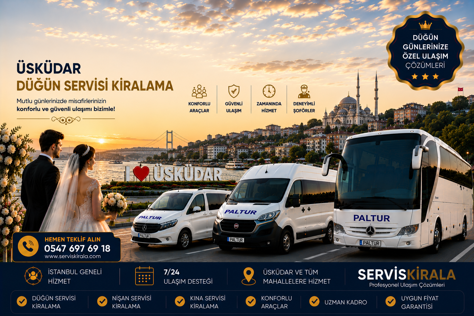 Üsküdar düğün servisi kiralama hizmetiyle minibüs, midibüs ve otobüs seçenekleriyle misafirlerinize güvenli ve konforlu ulaşım sağlayın.